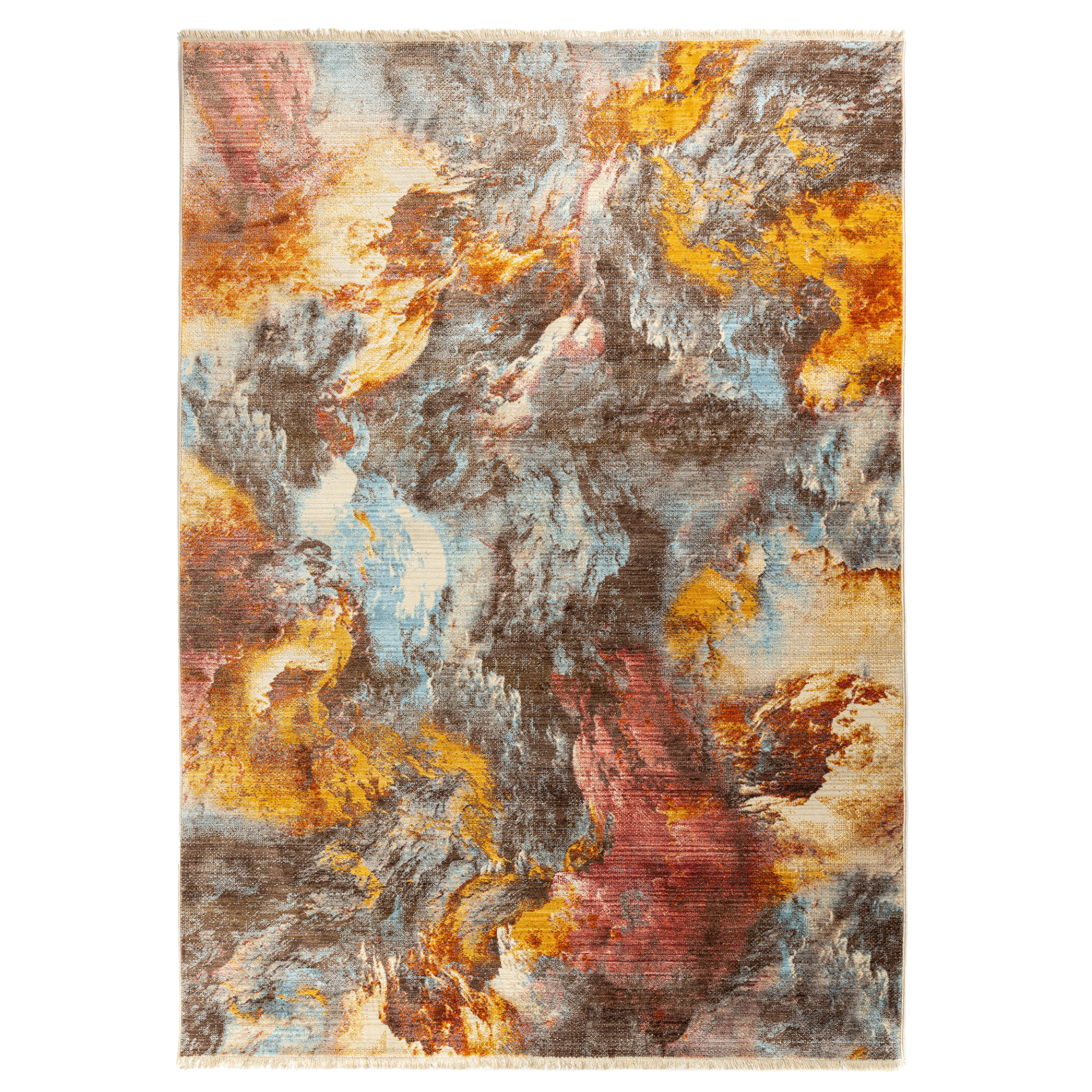 Artistic blend of colours in yellow, red, blue, brown and grey on Mystic Art Rug