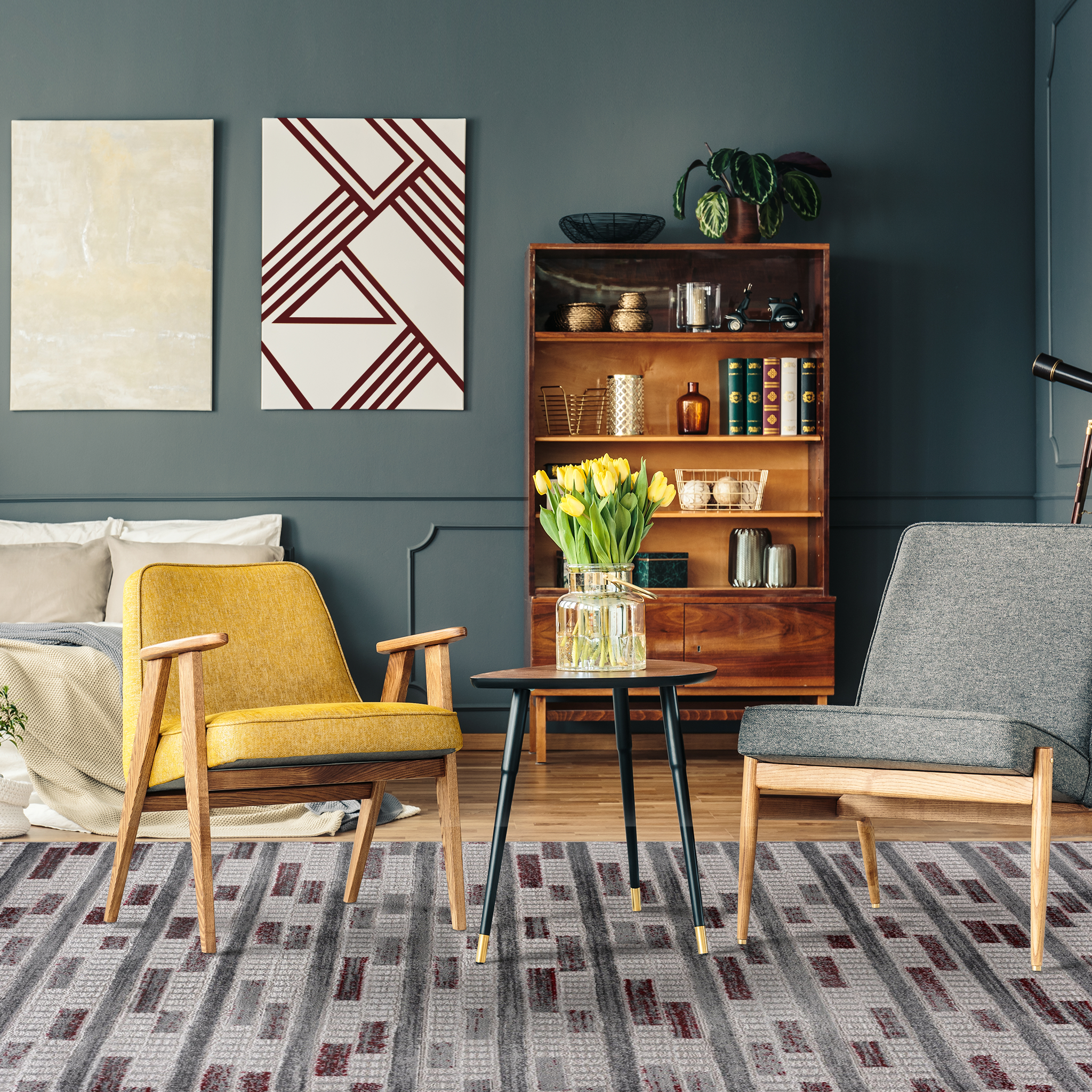 Istanbul Stripes Rug in a cozy modern living room with yellow and grey armchairs, dark wooden bookshelves next to dark green walls