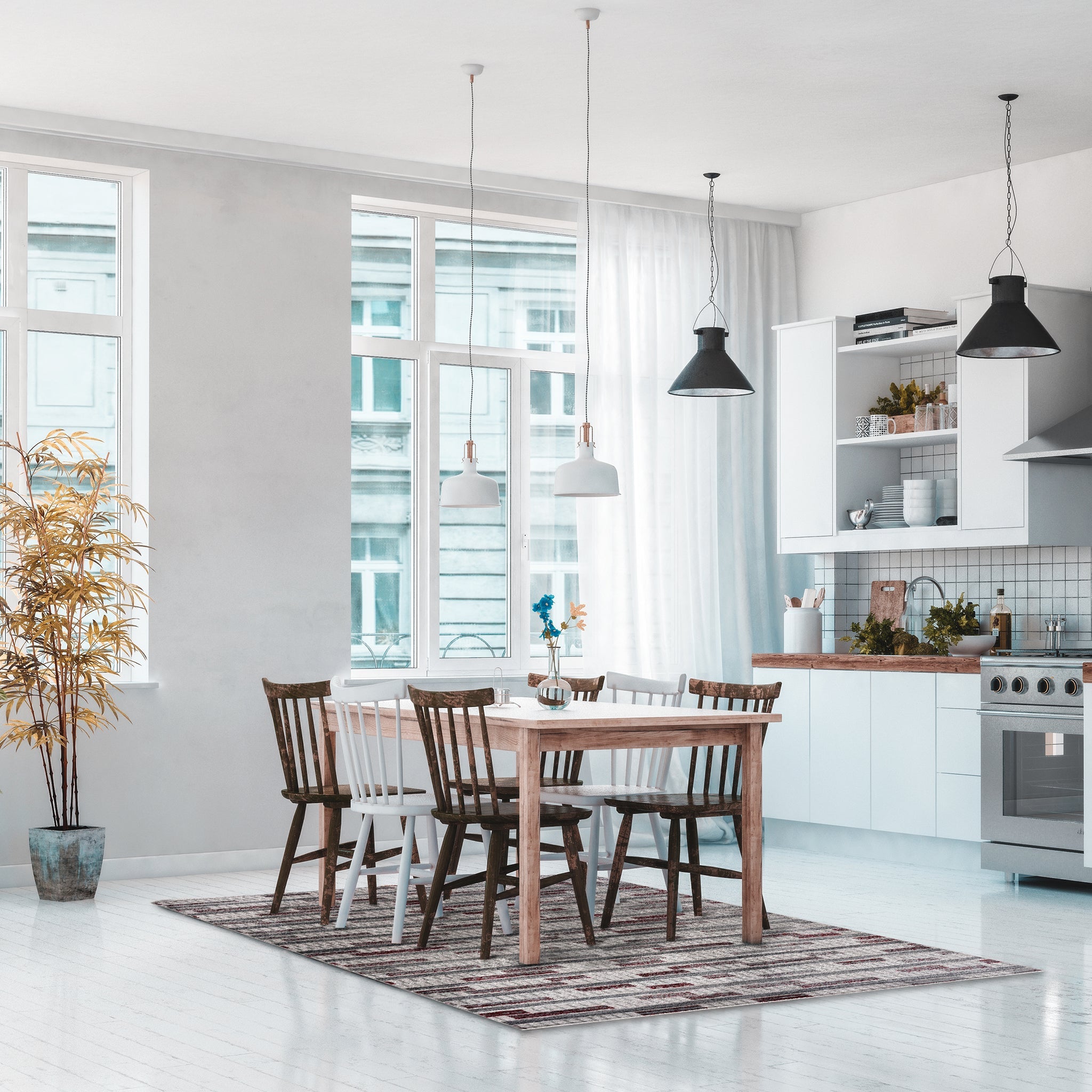 Istanbul Stripes Rug in a bright, white open concept dining area with wooden chairs and dining table